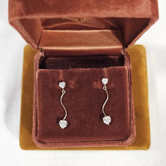 Jewelry - 14k Yellow Gold Drop Heart CZ Cubic Zirconia Earrings. Delicate Wedding Formal